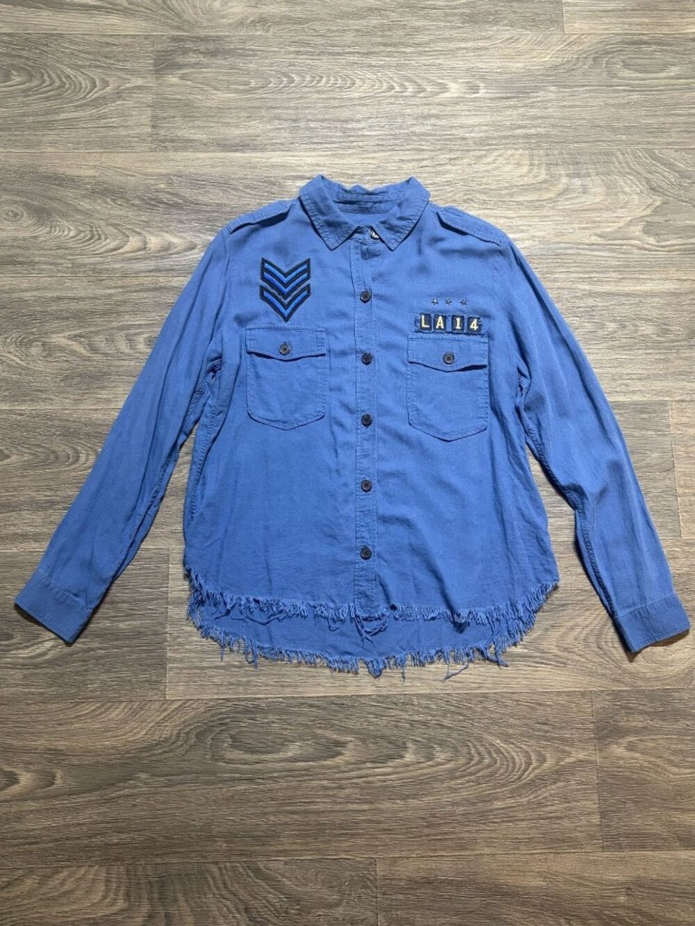 Rails Blue Banks Military Shirt Military Style Button Up Small Linen Raw Edge